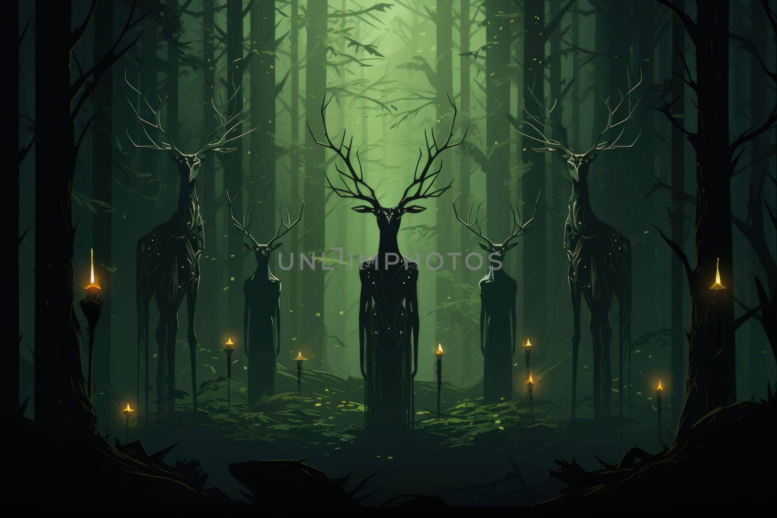 Deep within the mystical woodland realms of fantasy, ancient forest spirits stand as silent sentinels, their ethereal presence a testament to the wisdom and magic of the natural world.
