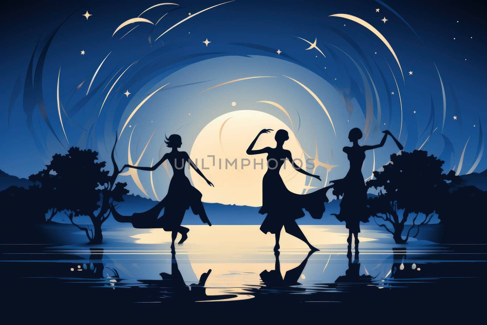 In the realm of fantasy, graceful moonlit dancers captivate with their ethereal movements, perfectly synchronized with the celestial rhythms.