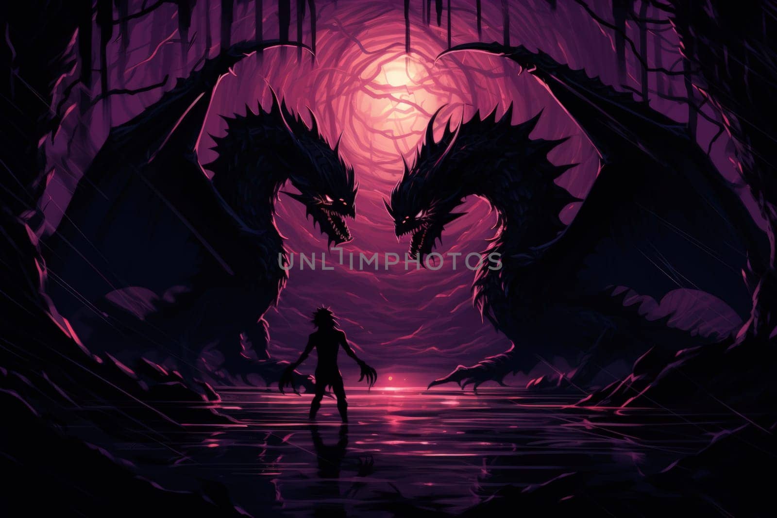 In the realm of fantasy, ferocious shadow dragons dominate the skies, their majestic forms wreathed in darkness.