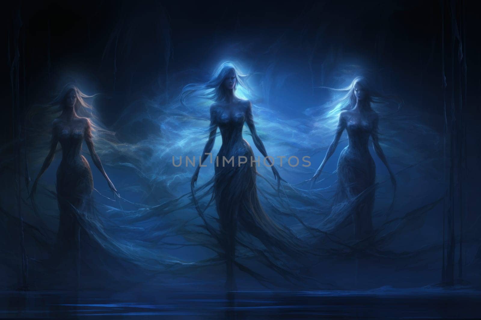 Imagine a mystical world where ethereal mermaids gracefully swim with flowing sapphire tails, enchanting all who gaze upon their mesmerizing beauty.