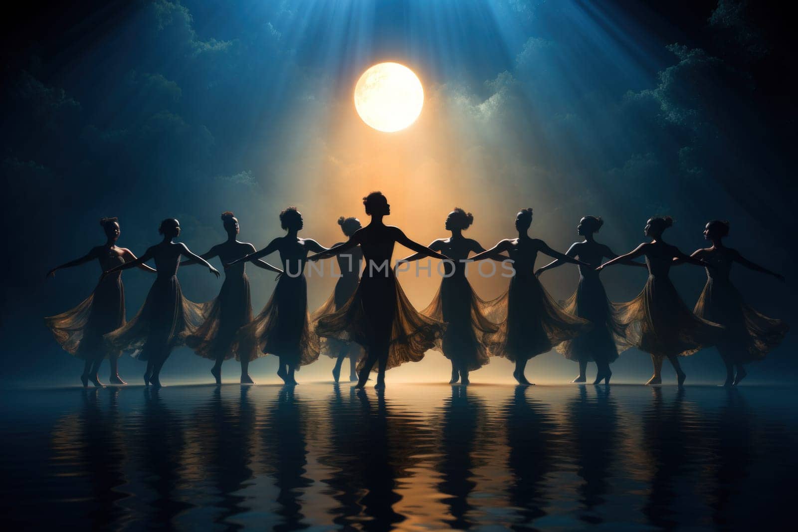 In the realm of fantasy, graceful moonlit dancers captivate with their ethereal movements, perfectly synchronized with the celestial rhythms.