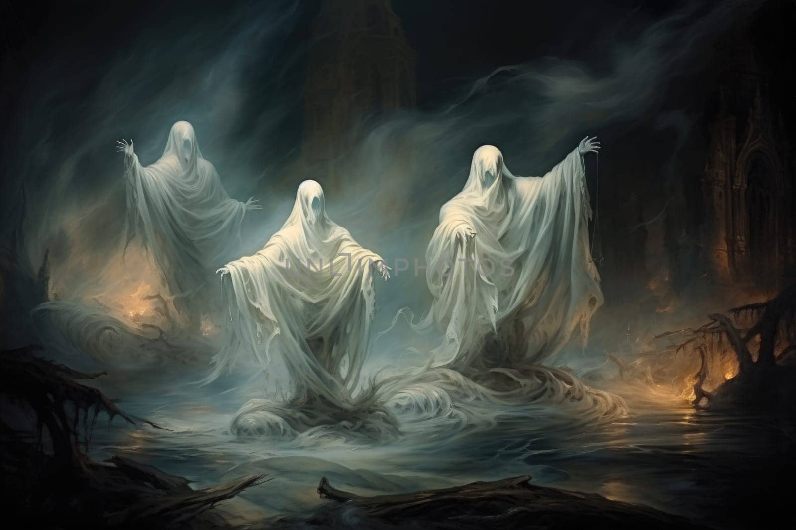In the realm of fantasy, haunting ghostly apparitions are ethereal beings that exist between the world of the living and the realm of the dead.