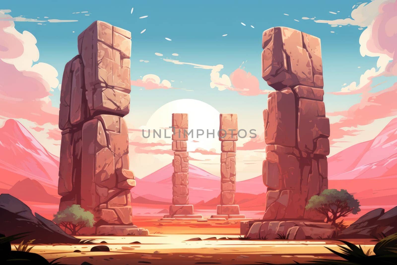Behold the majestic marvels of the past - ancient stone colossi, towering giants hewn from the very bedrock itself.