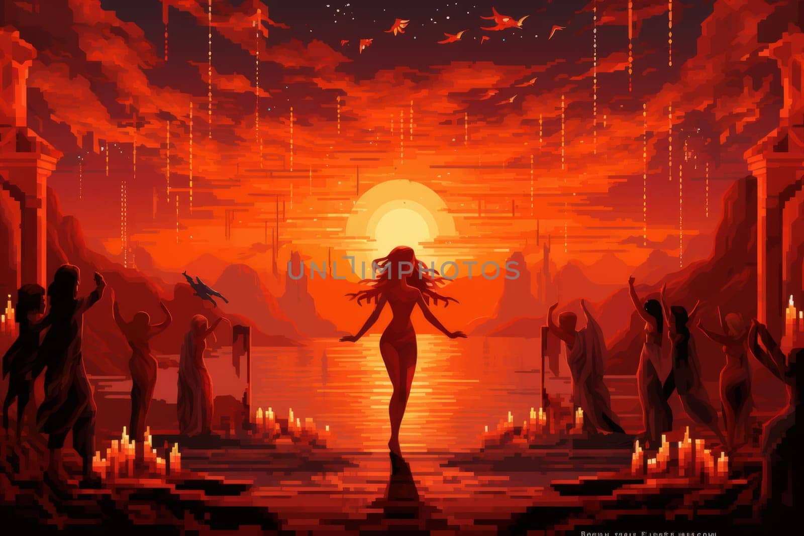 Within the realm of fantasy, elegant phoenix dancers grace the stage, their mesmerizing performances engulfed in flames.