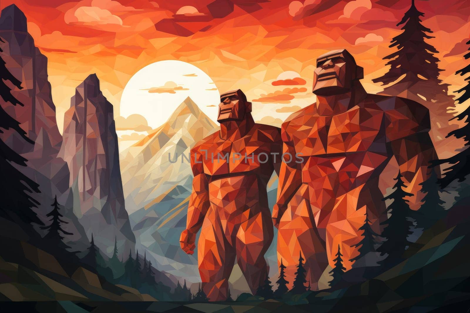 Embark on a fantastical journey where gargantuan giants, with their colossal stature, traverse the towering mountains with thunderous footsteps.