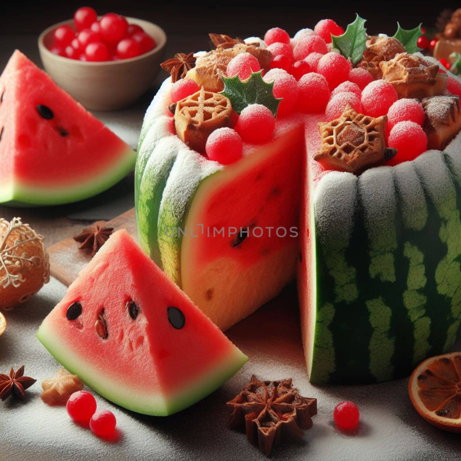 funny watermelon panettone italian christmas sweet cake in xmas atmospehere by verbano