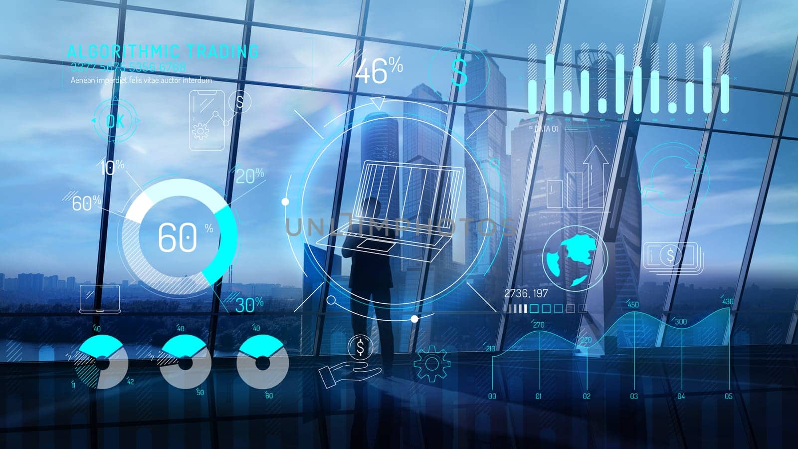 A financial theme infographic concept with a city and statistics background that includes increasing digital graphs and charts.