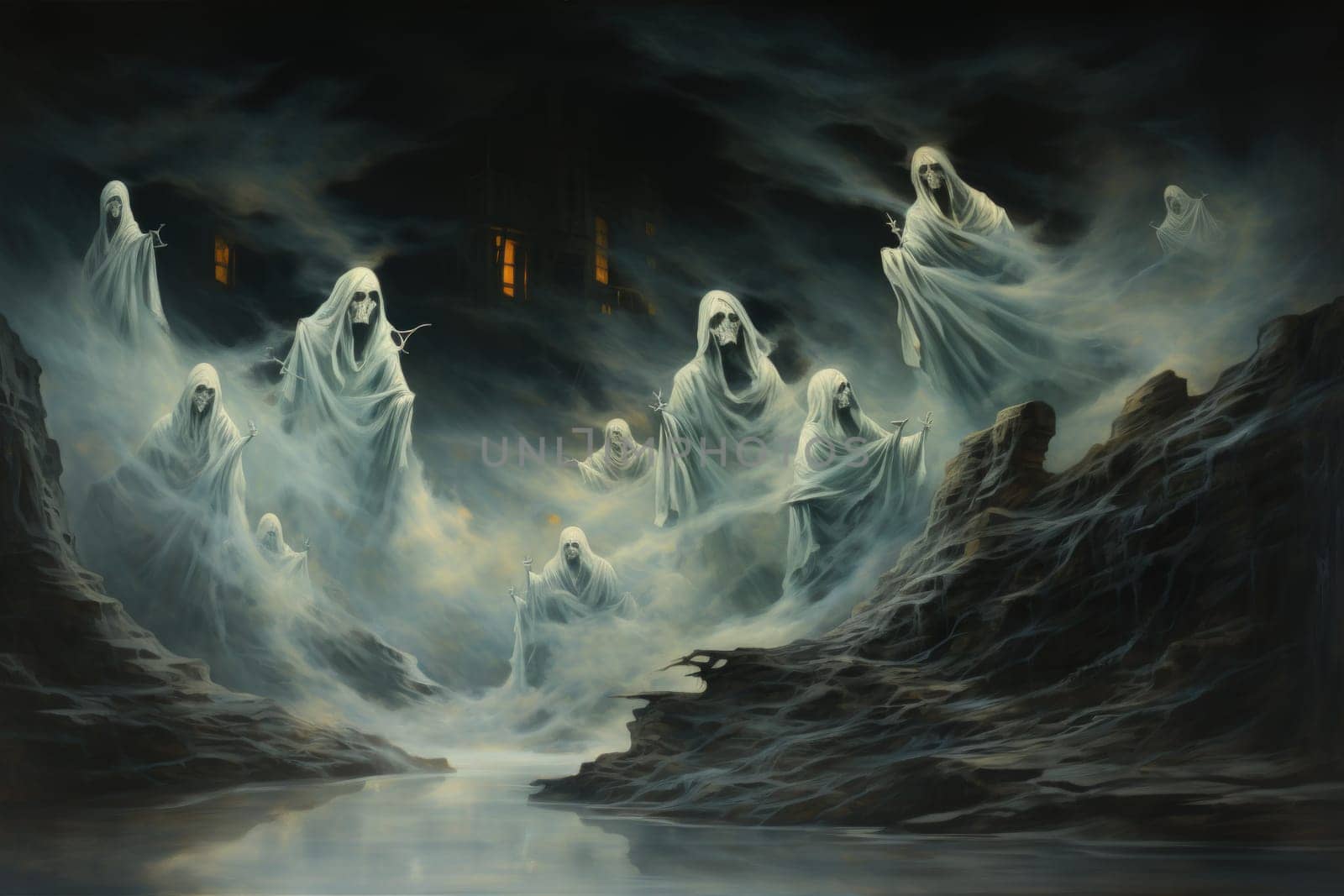 In the realm of fantasy, haunting ghostly apparitions are ethereal beings that exist between the world of the living and the realm of the dead.