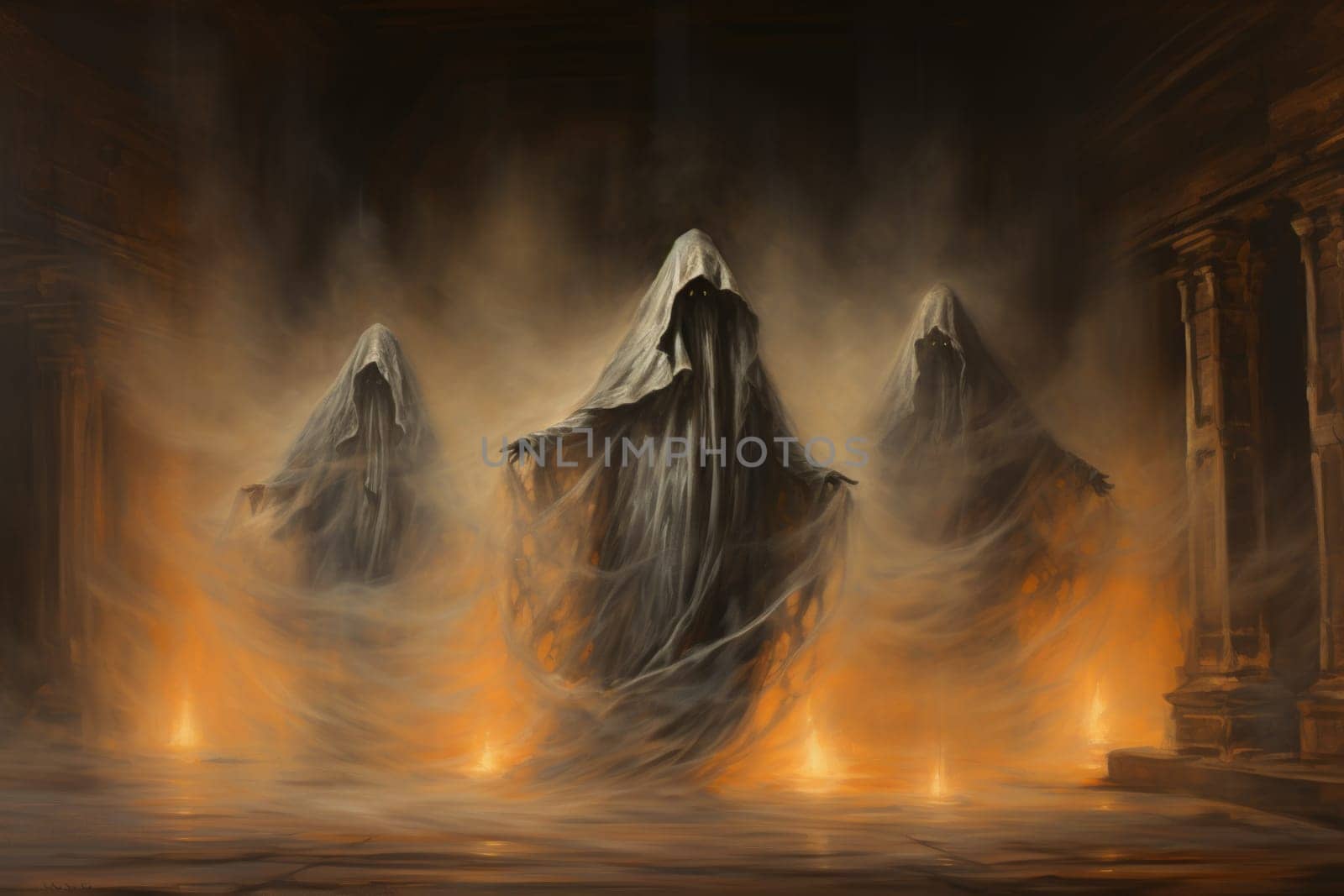 In the realm of fantasy, haunting ghostly apparitions are ethereal beings that exist between the world of the living and the realm of the dead.