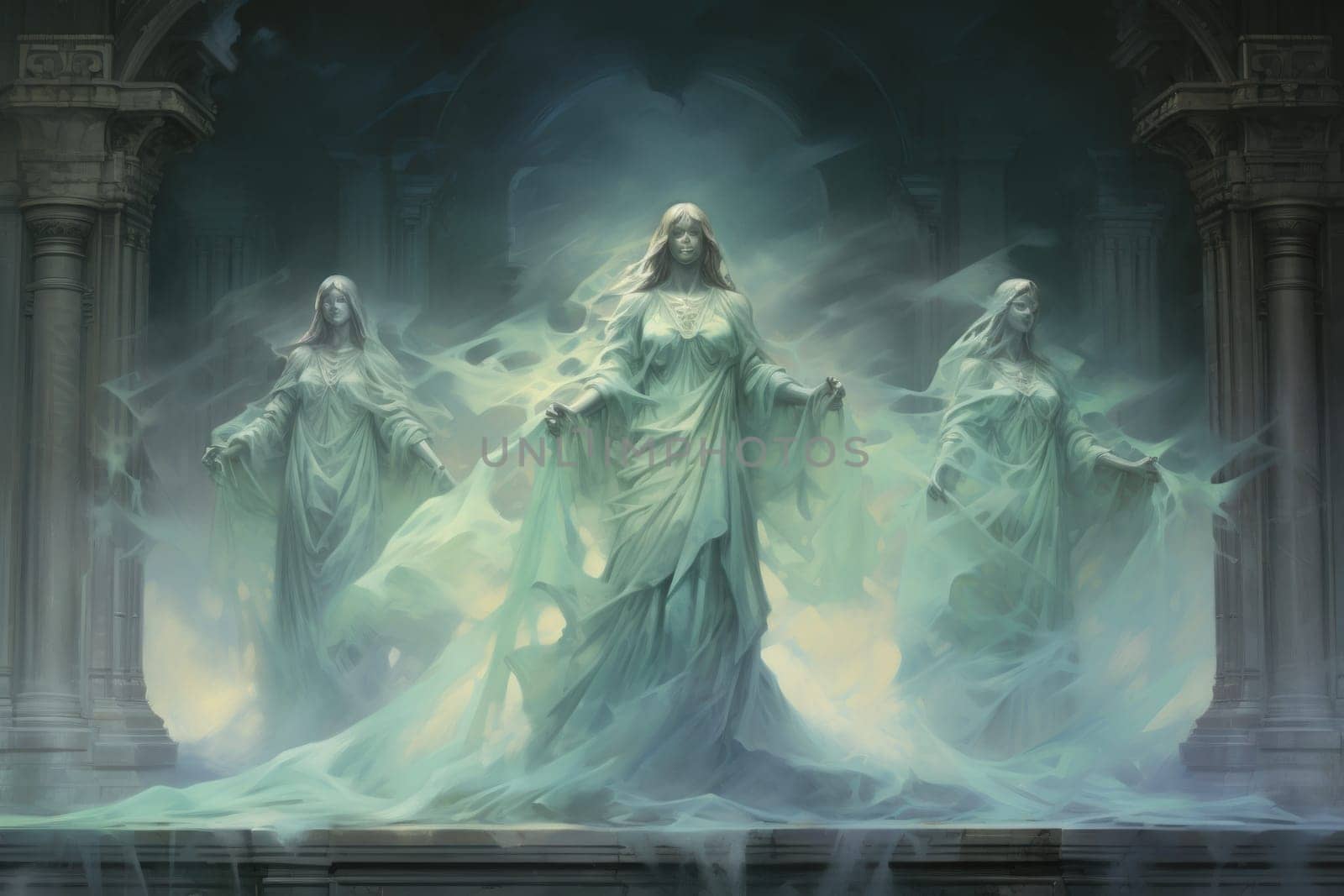 In the realm of fantasy, ethereal mist guardians watch over sacred sites, their presence veiled in a shroud of mist and mystery.