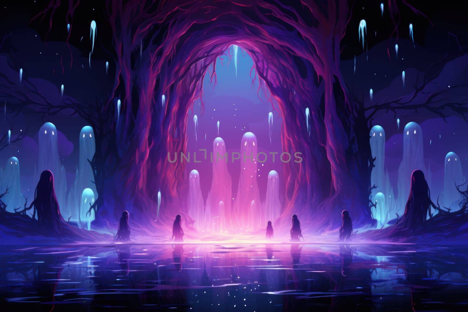 In the realm of fantasy, cursed mirror spirits are bound, their ethereal existence trapped within reflective surfaces.