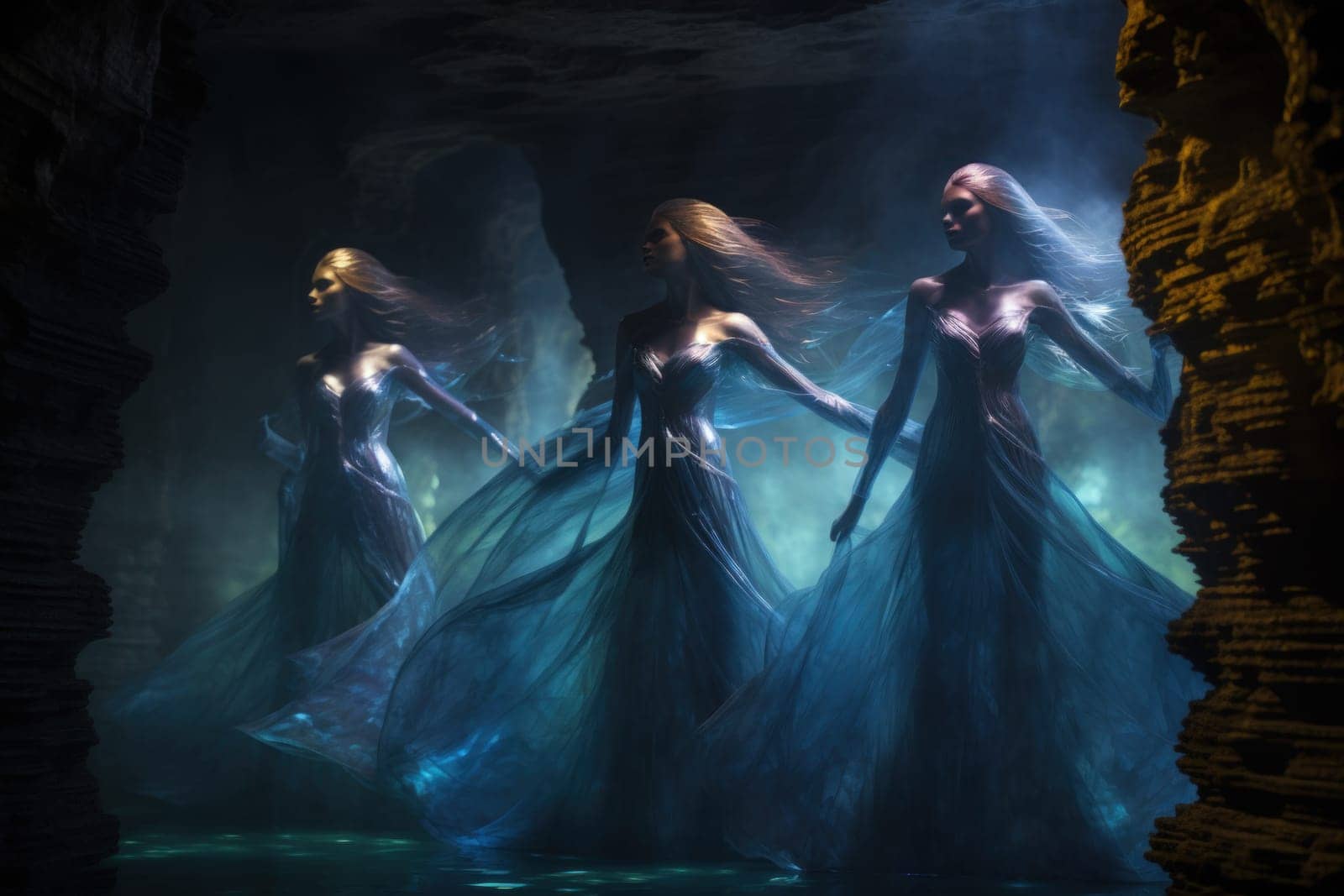 Imagine a mystical world where ethereal mermaids gracefully swim with flowing sapphire tails, enchanting all who gaze upon their mesmerizing beauty.