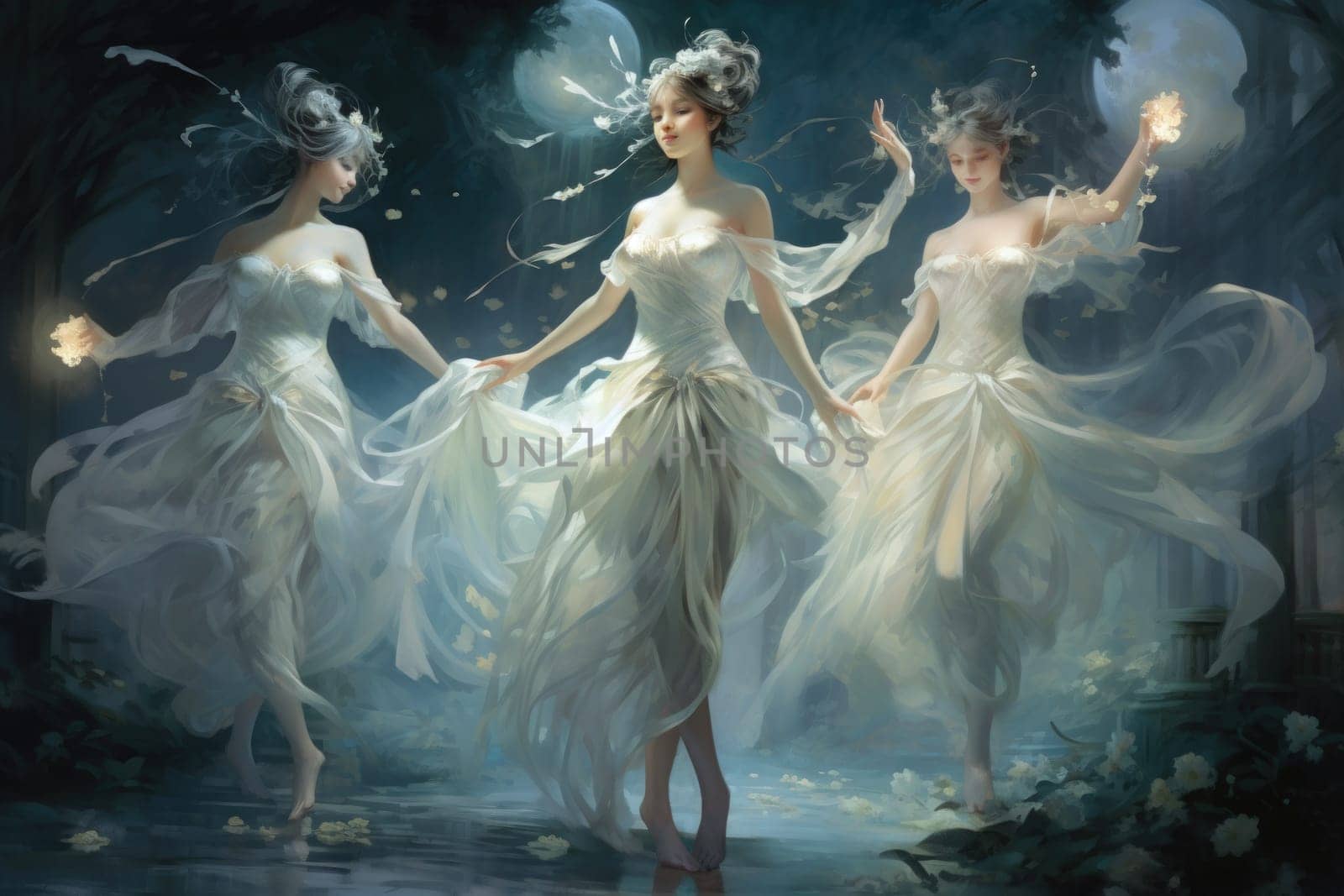 In the realm of fantasy, graceful moonlit dancers captivate with their ethereal movements, perfectly synchronized with the celestial rhythms.