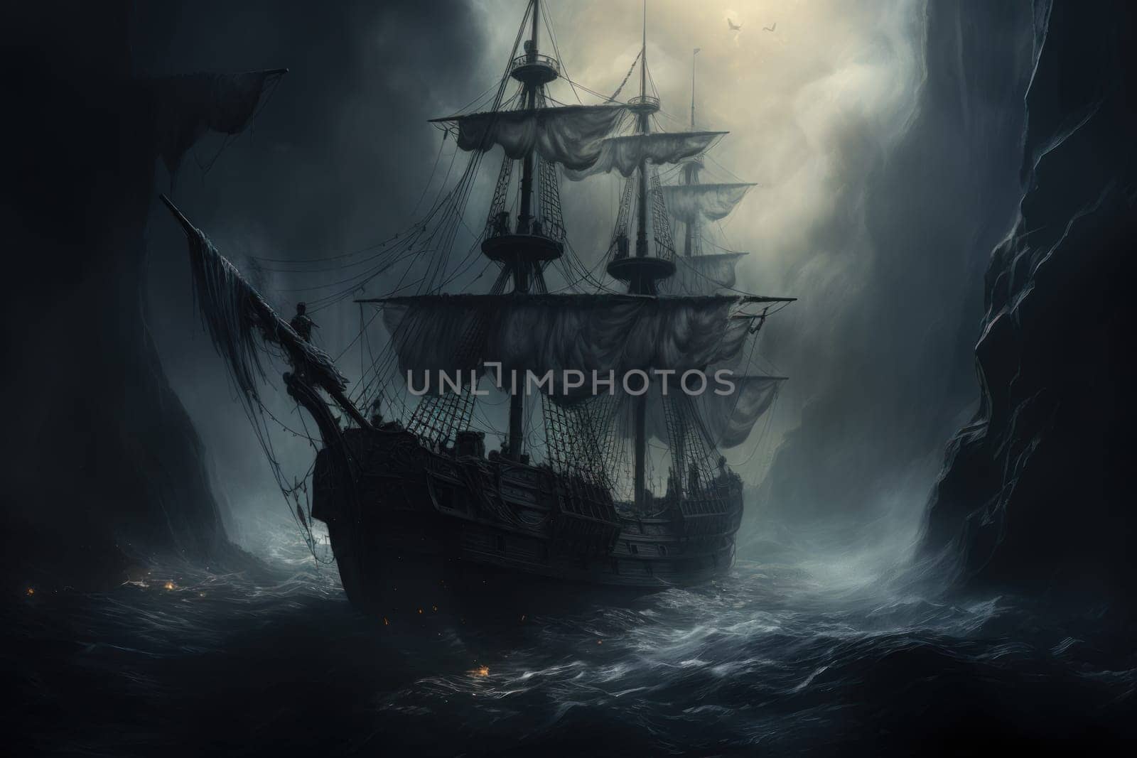 Embark on a haunting journey across the treacherous waters with this captivating illustration by a professional visual artist.