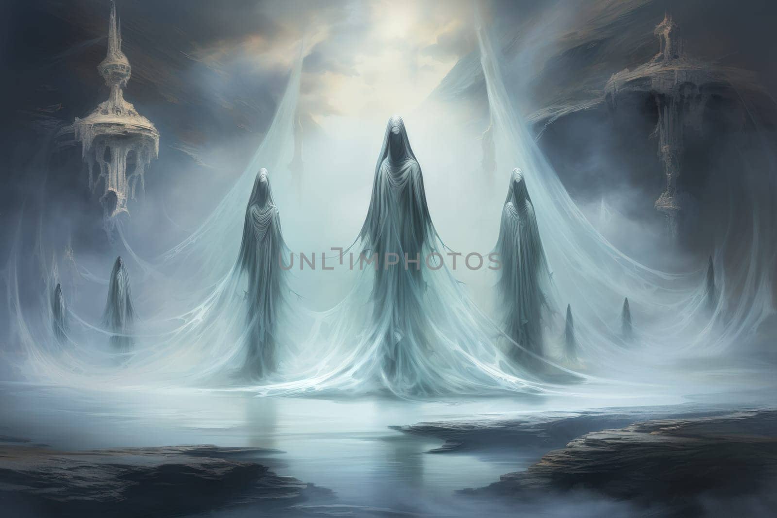 In the realm of fantasy, ethereal mist guardians watch over sacred sites, their presence veiled in a shroud of mist and mystery.