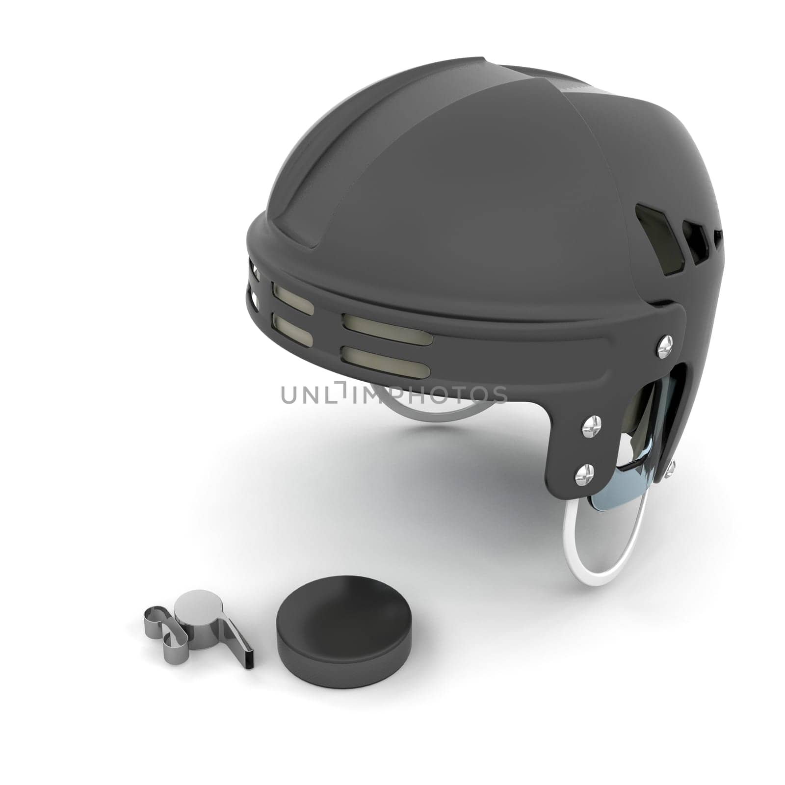 Ice hockey helmet, puck and whistle