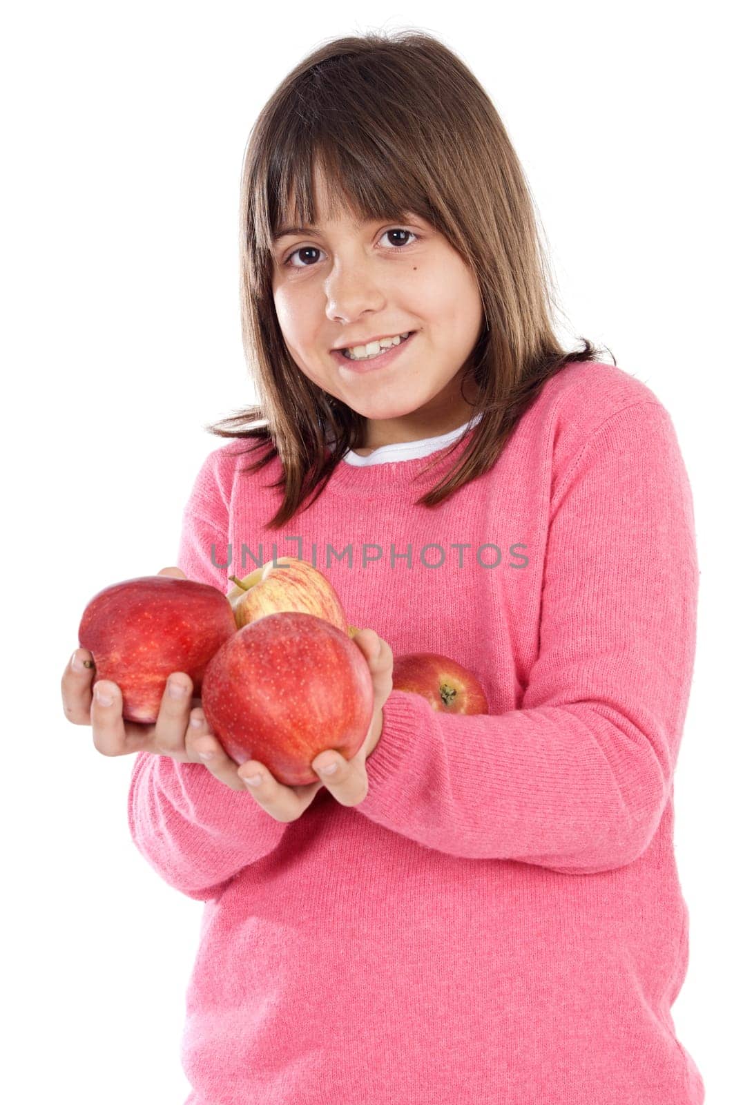 Adorable girl with red apples