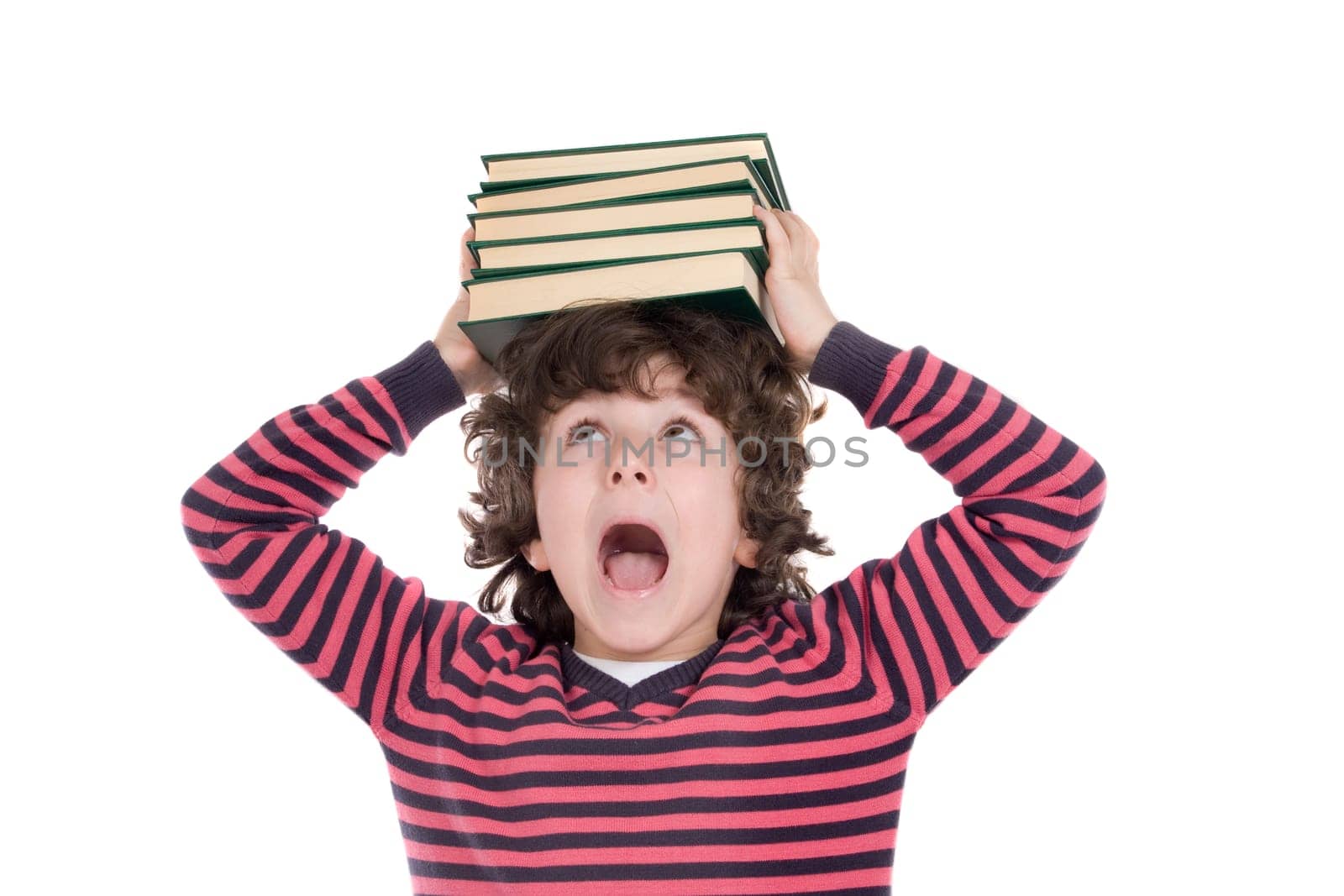 Adorable child with many books
