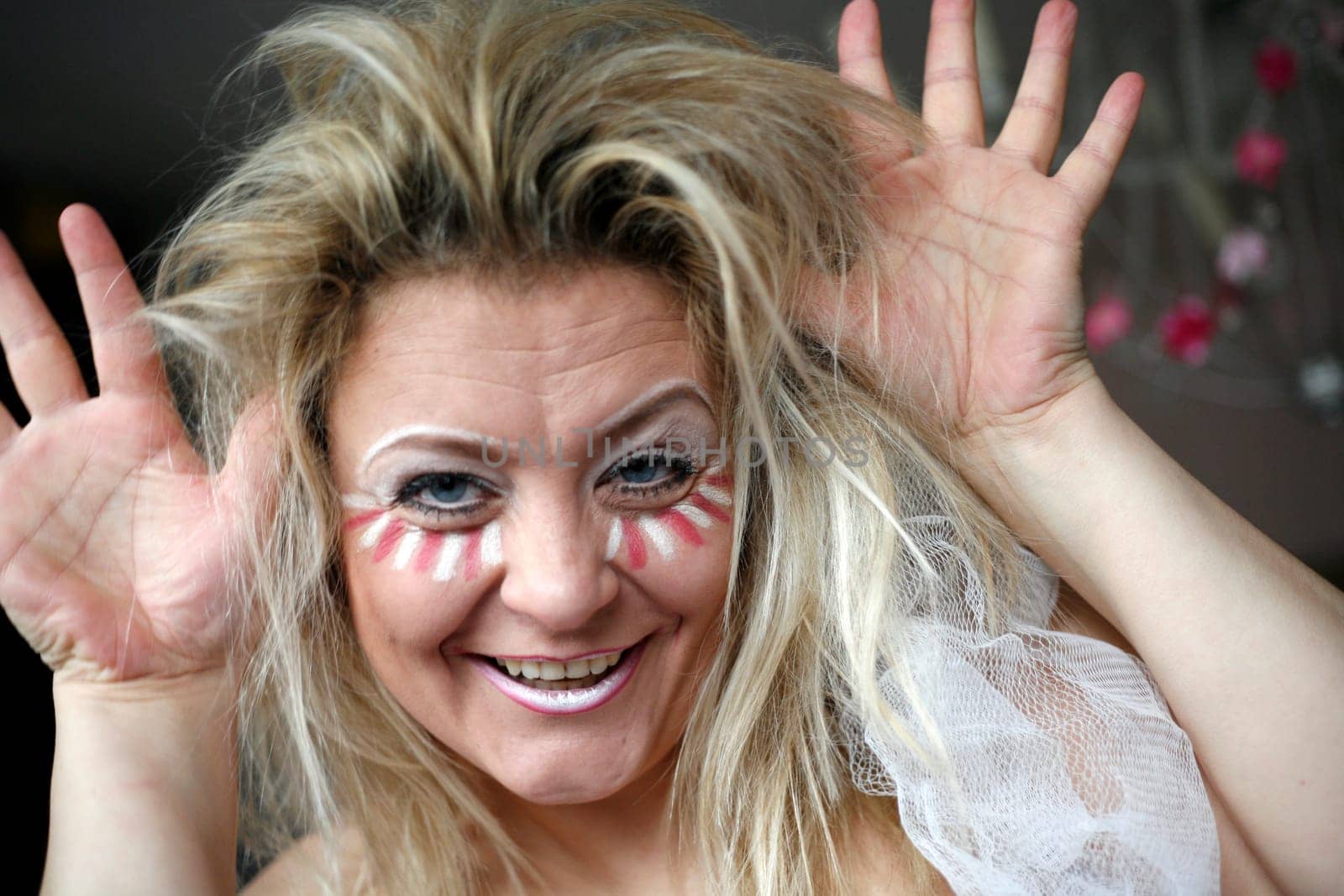 costumed woman doing faxing