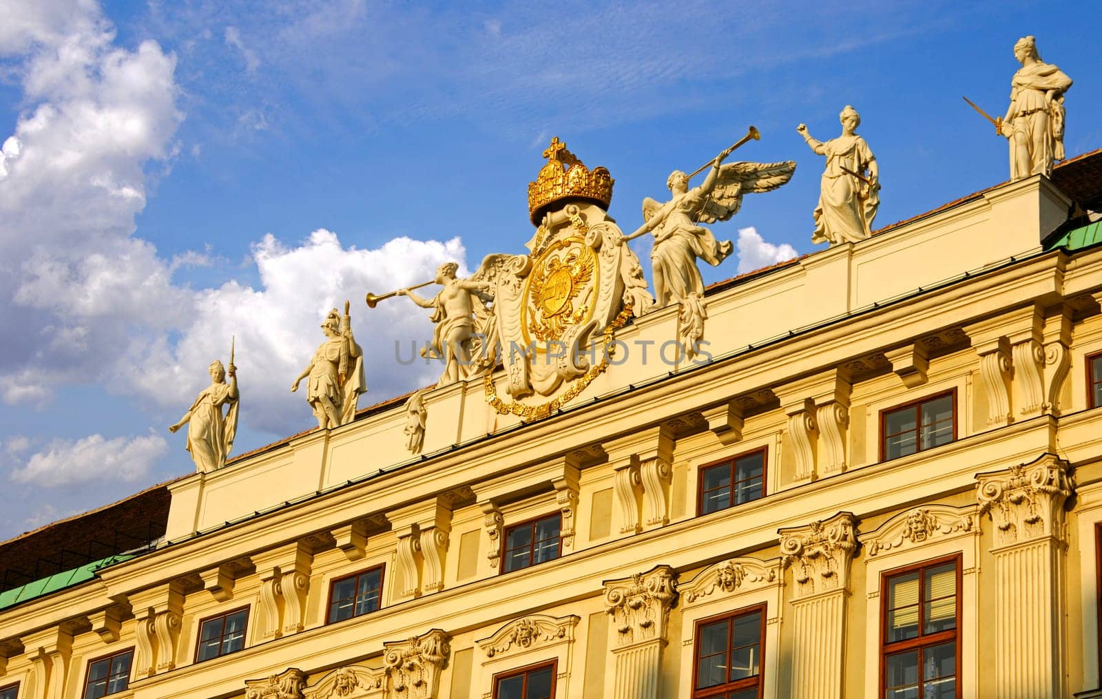 Hofburg,Imperial Chancellery wing,central risalit with coat of arms of Emperor Charles VI with