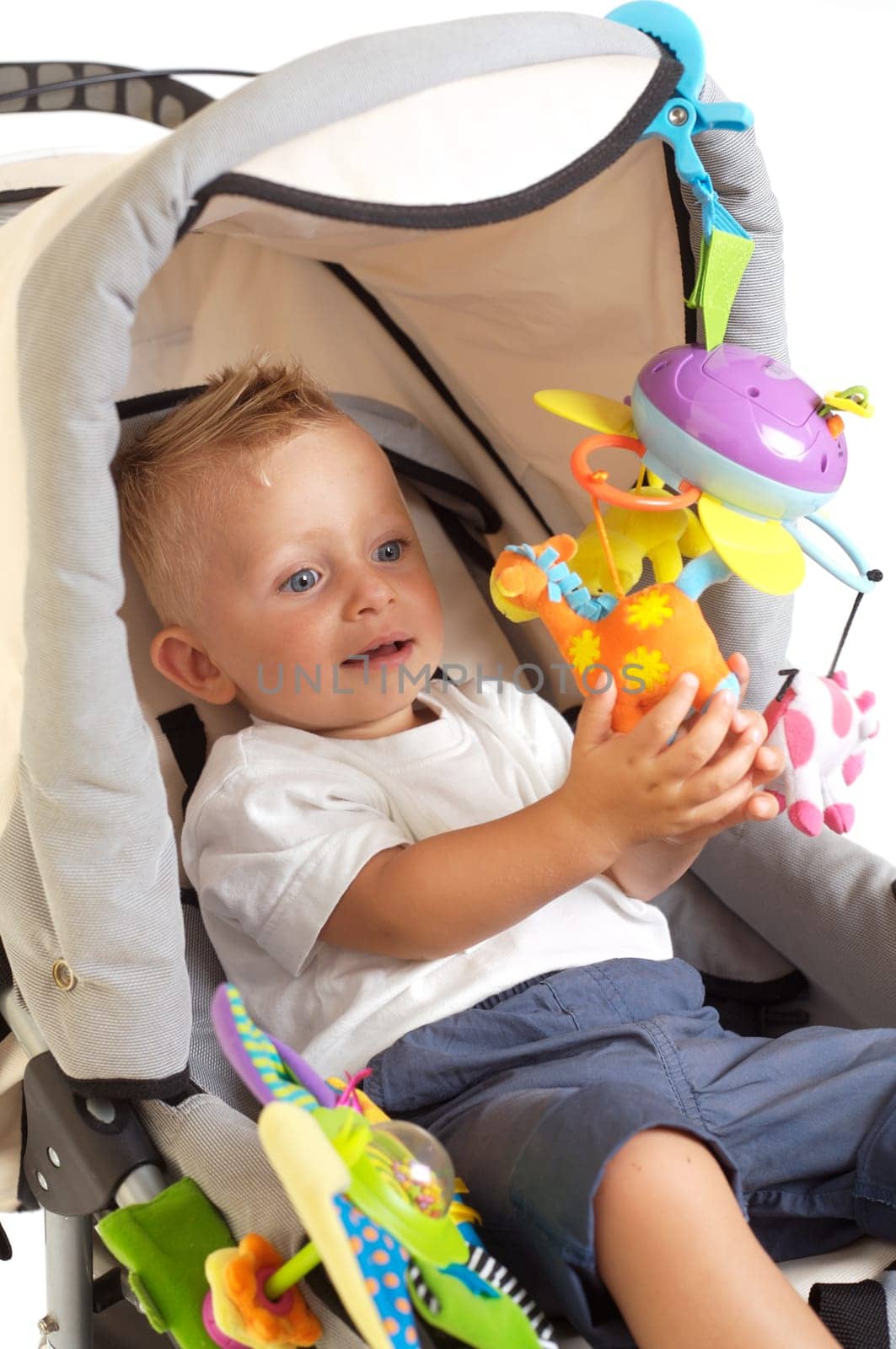 Happy baby in stroller