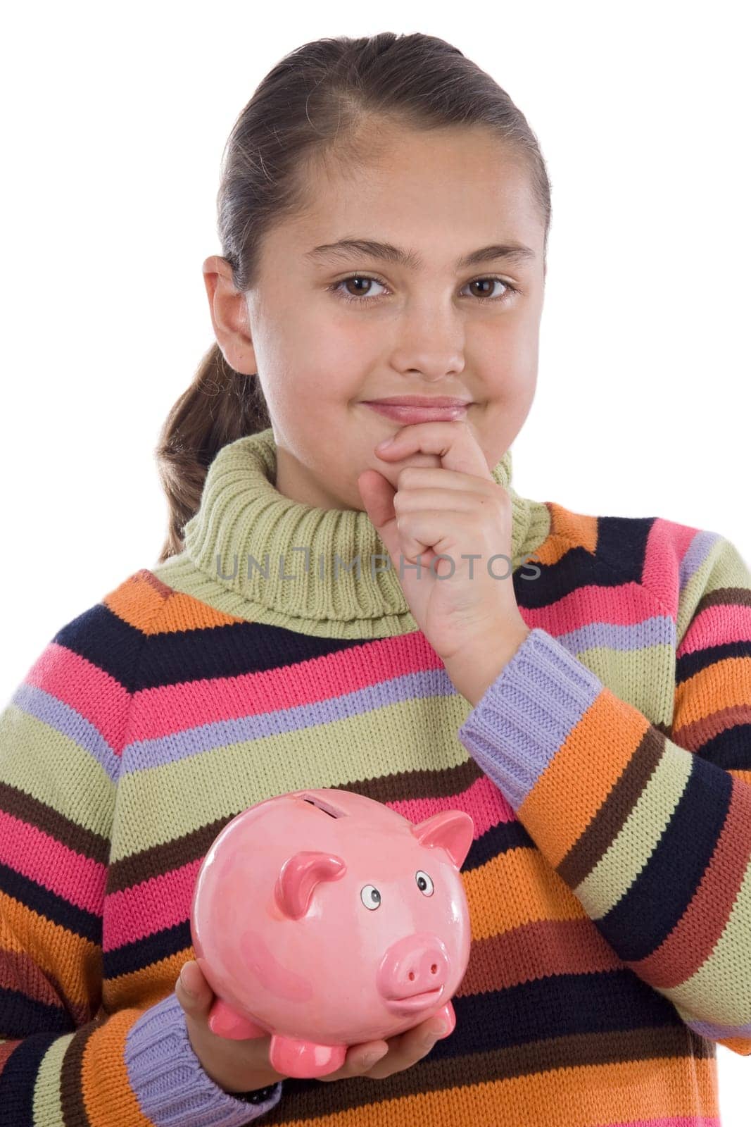 Adorable girl with moneybox thinking