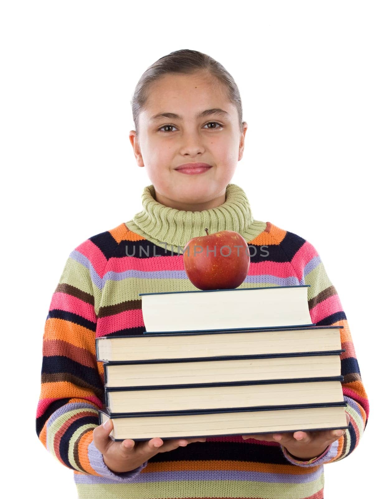 Busy student girl with many books