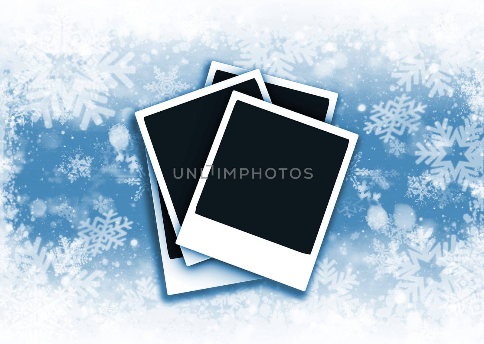 Polaroids on snowflake background