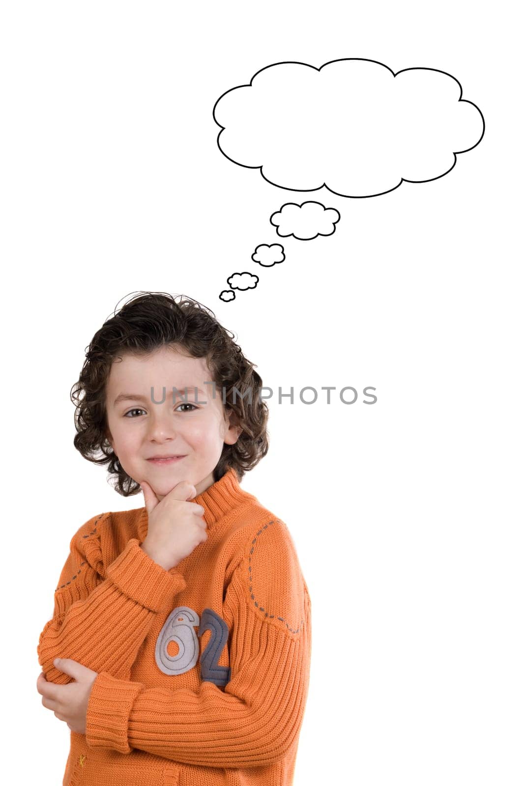 Thoughtful boy with orange clothes