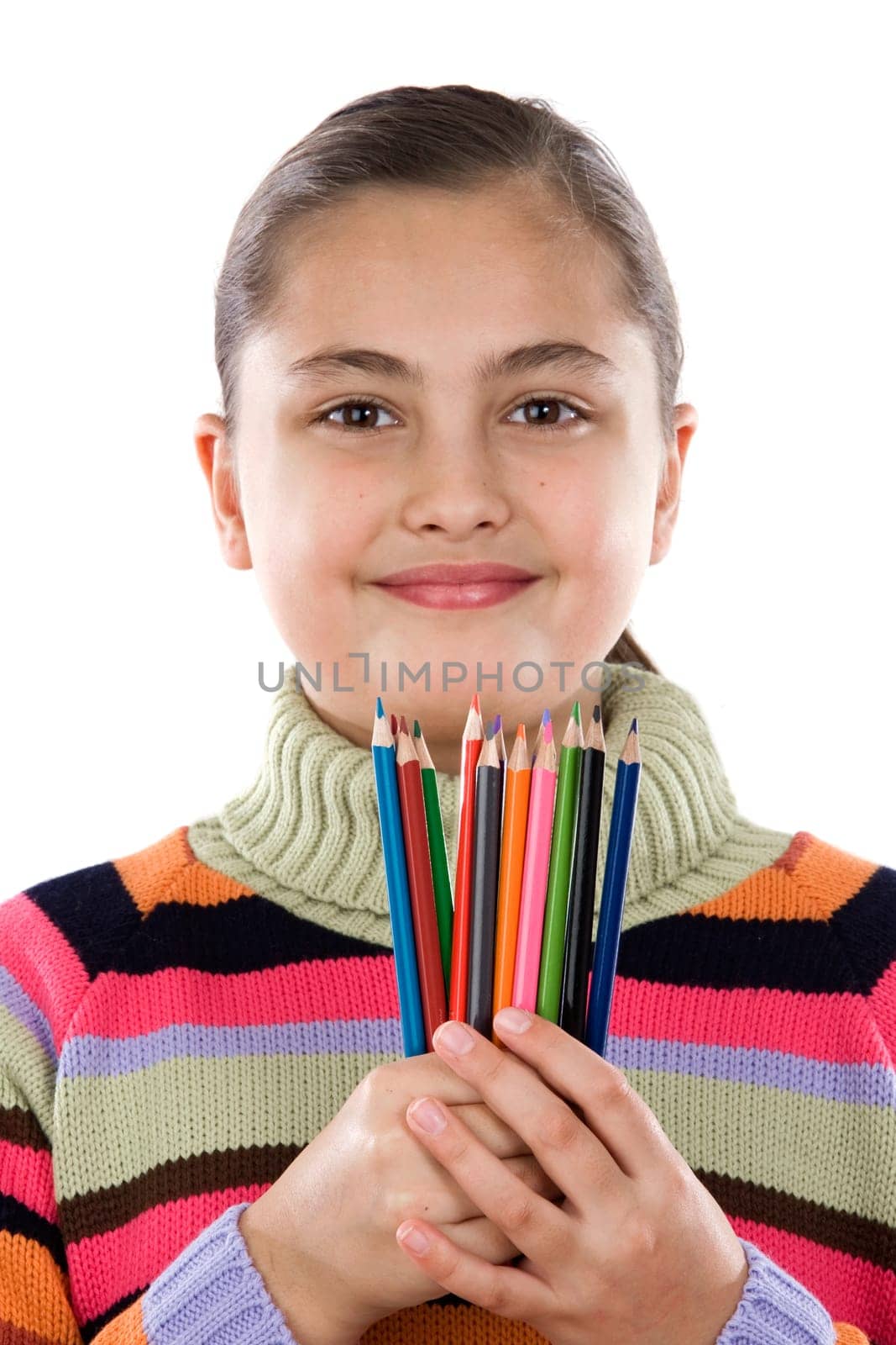 Adorable girl with many crayons of color