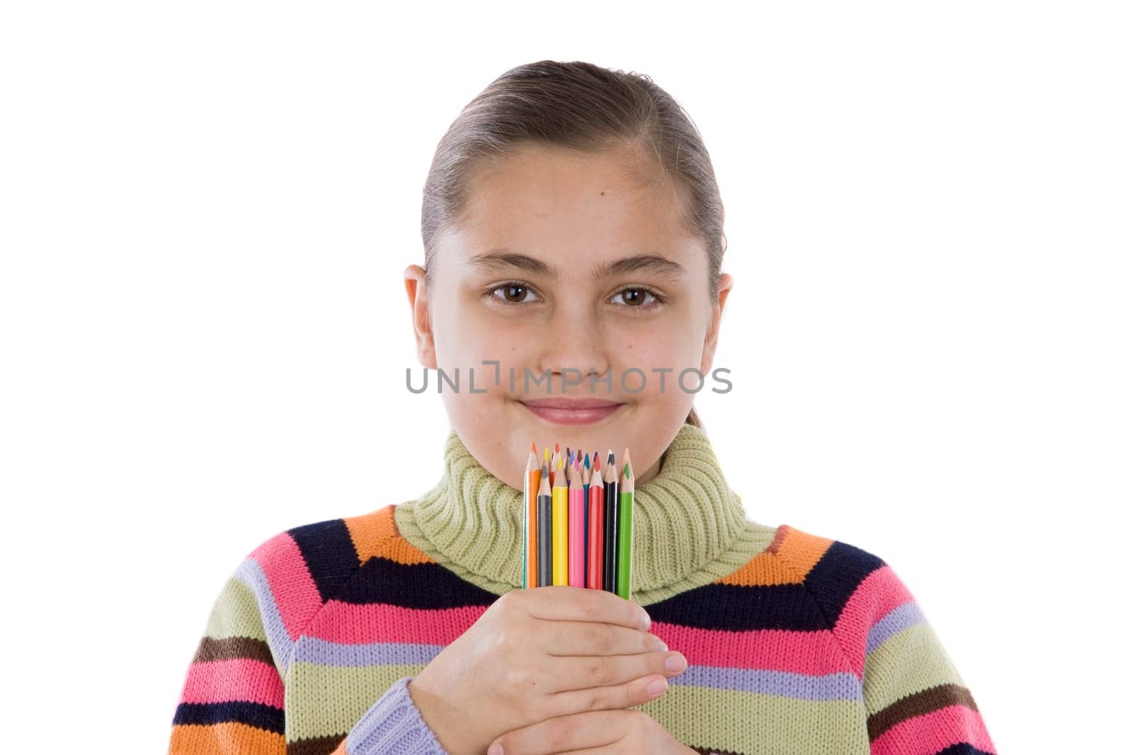 Adorable girl with many crayons of color