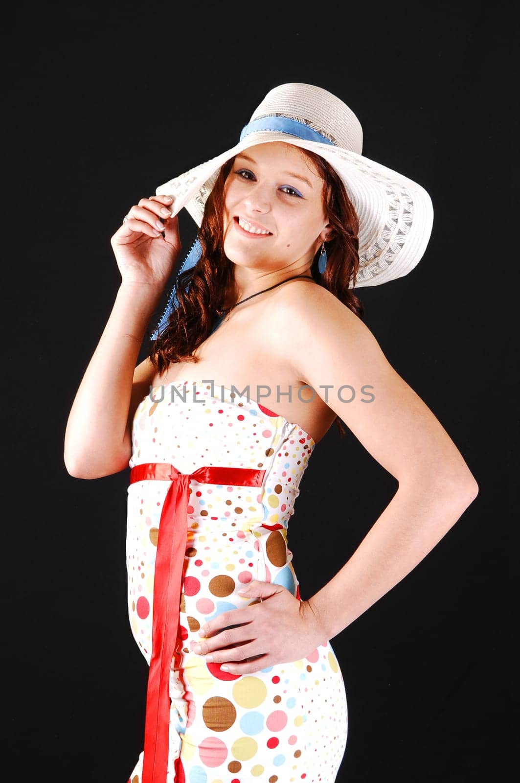 Pretty girl with white hat.