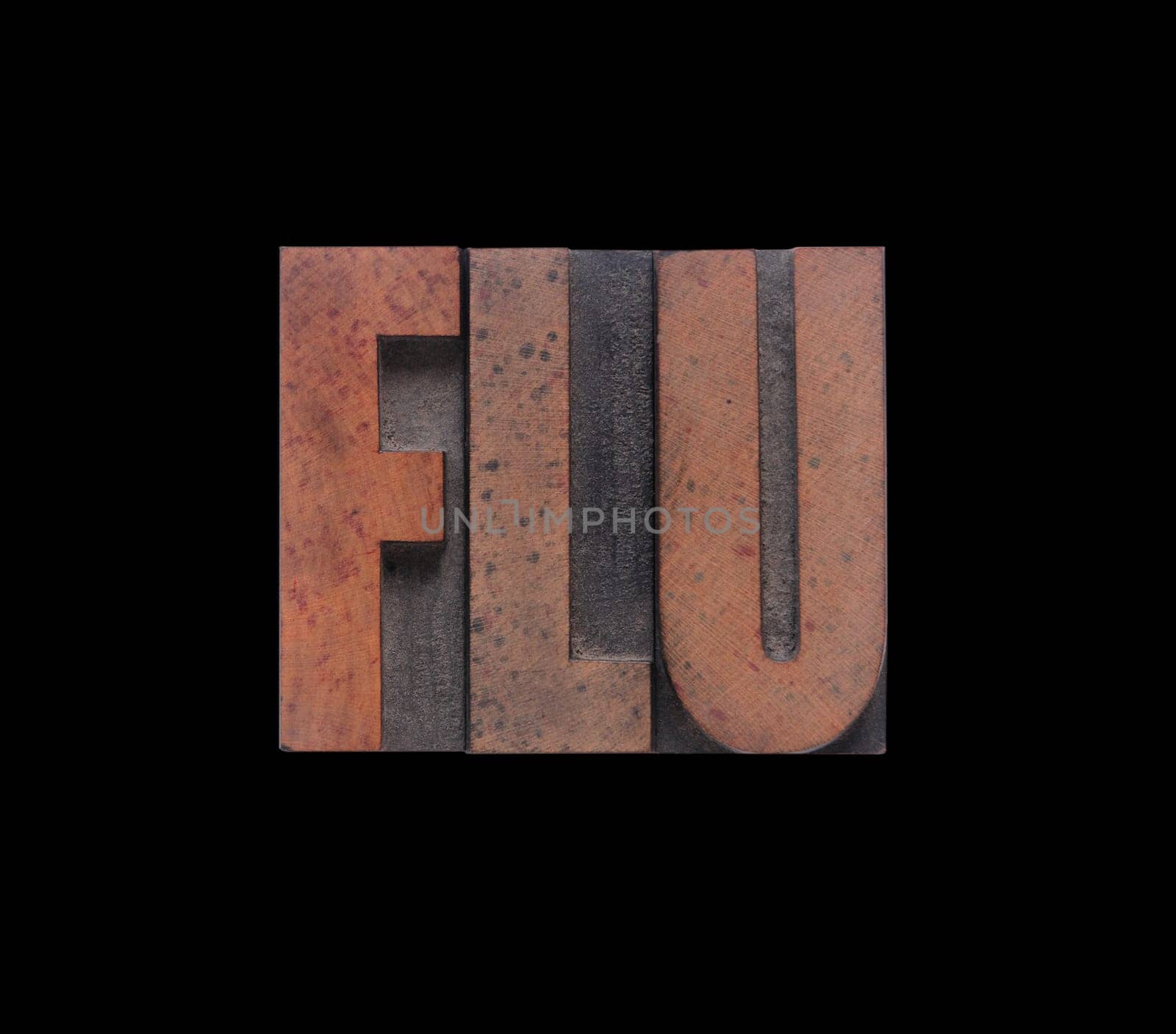 flu in old ink-stained wood type