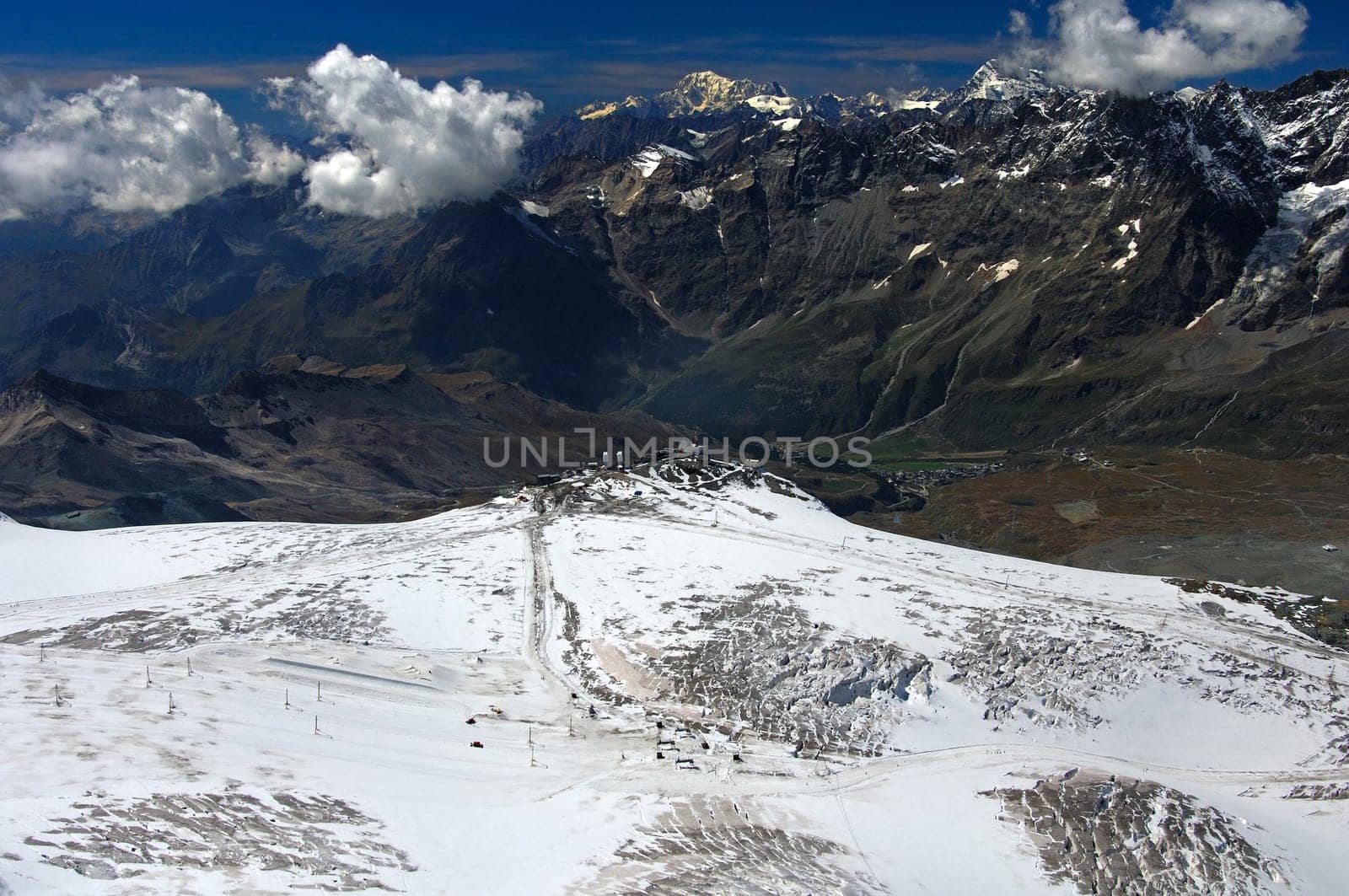 Plateau Rosa with mountain stationTesta Grigia in Italy,Mont Blanc summit behind,S