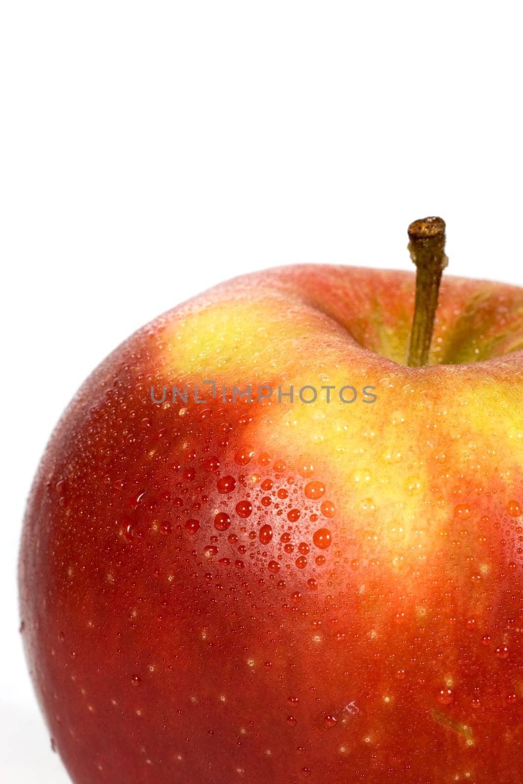 Wet red apple on white