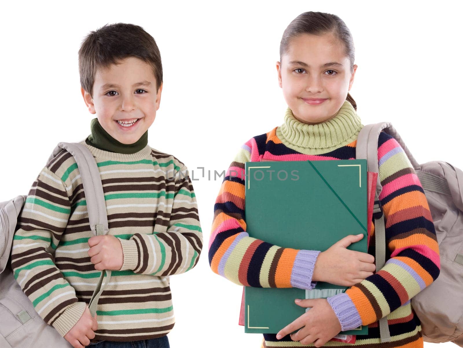 Two students with folder and backpack