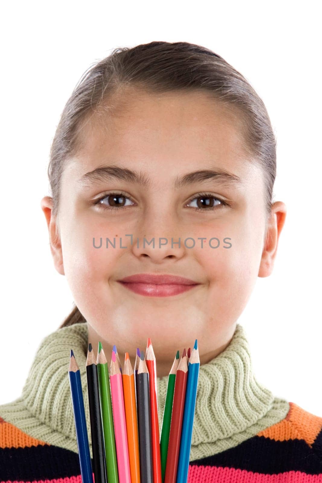 Adorable girl with many crayons of color
