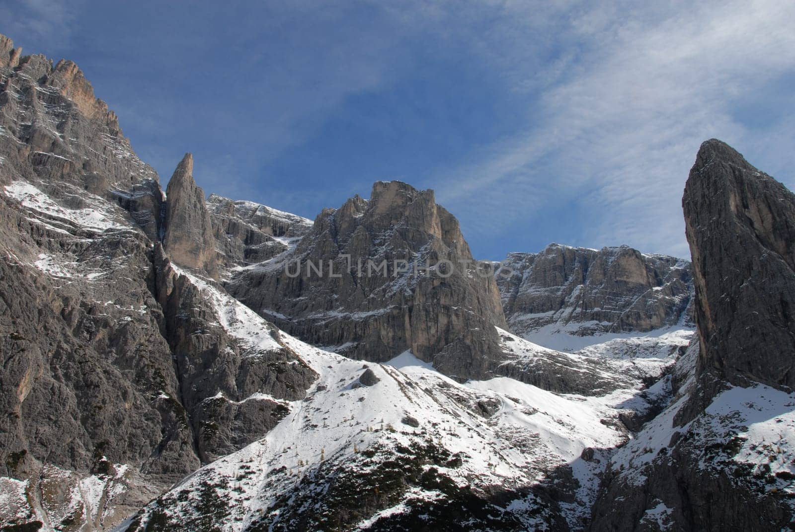 Dolomites - rock massif in the snow