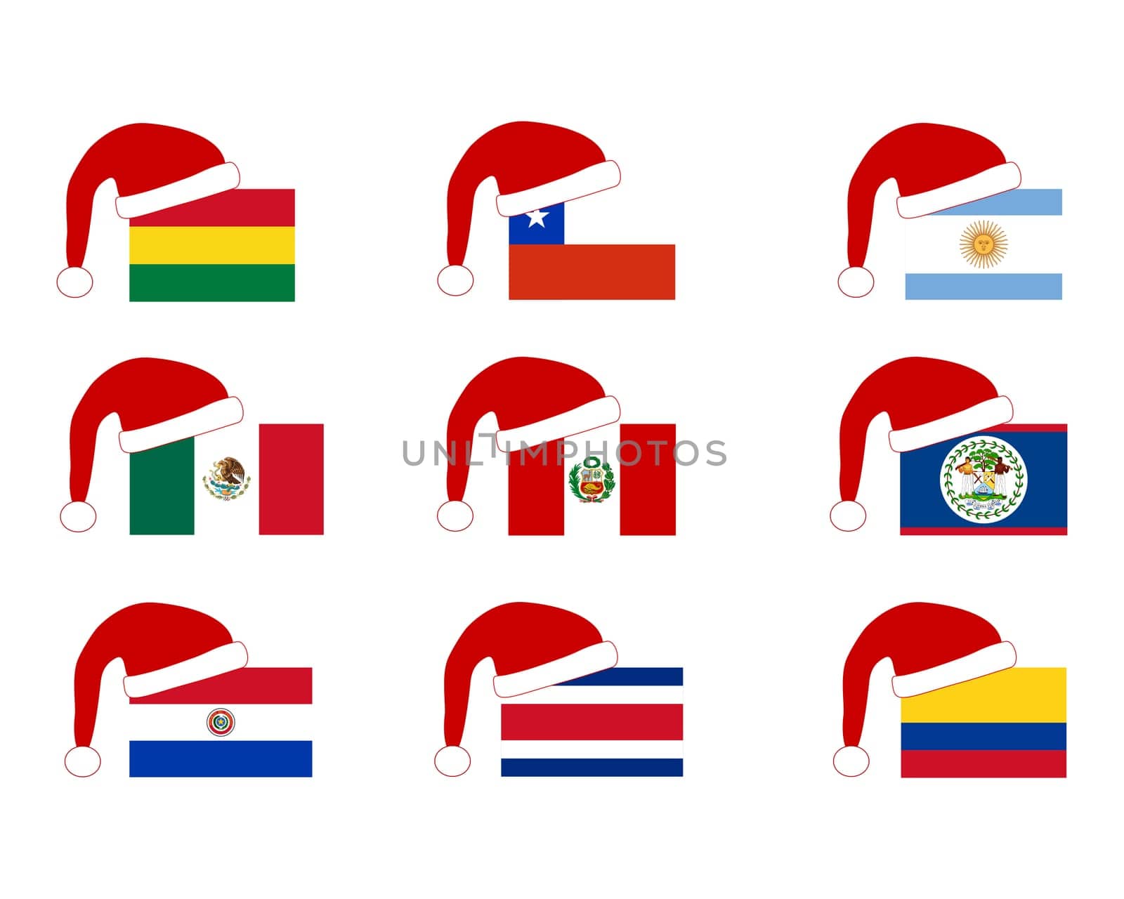 South American flags at Christmas time with Santa hat