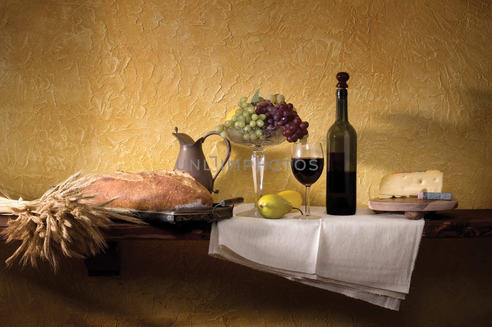 Wine Cheese and Bread Still Life