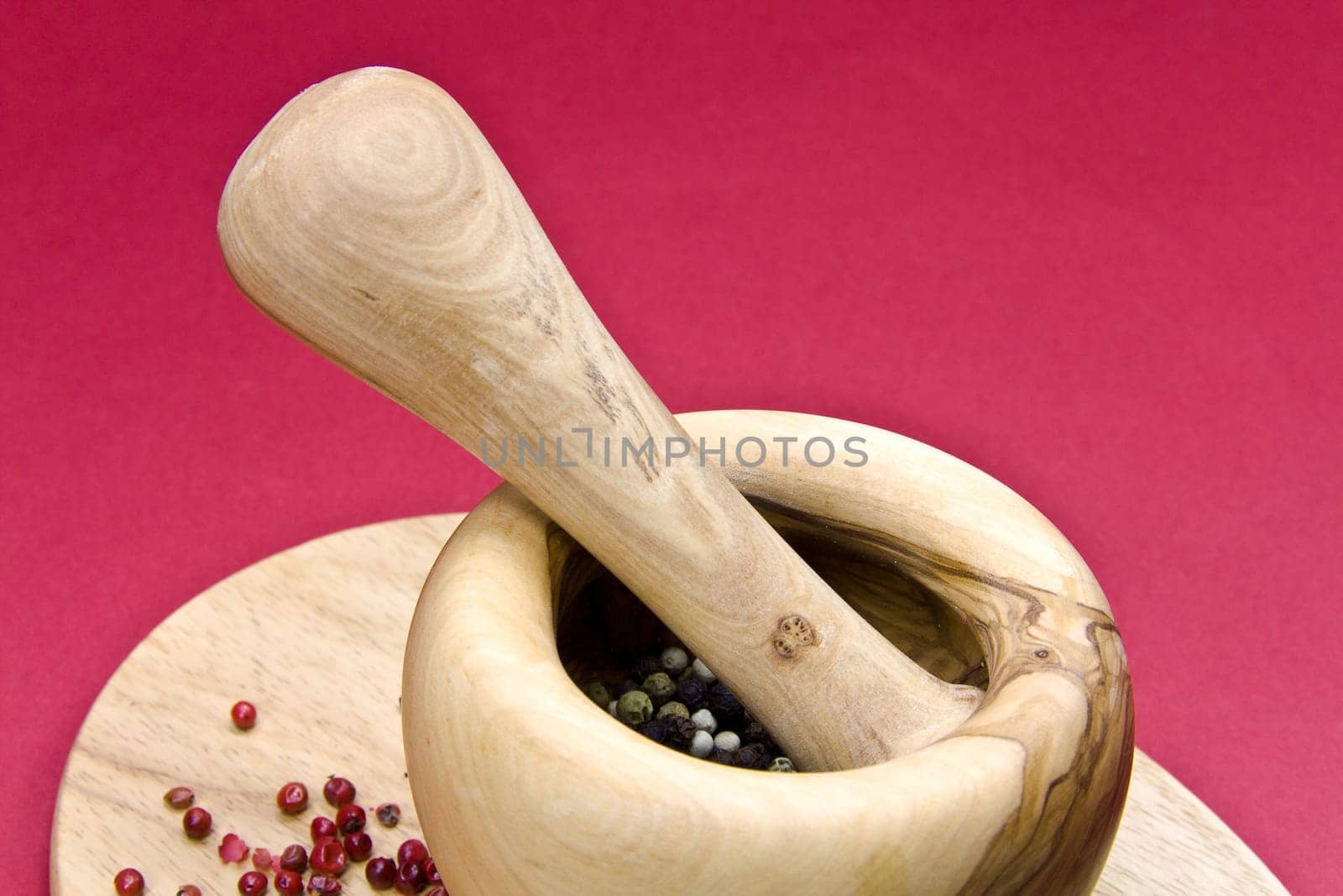 Colorful Peppercorns with Wooden Mortar