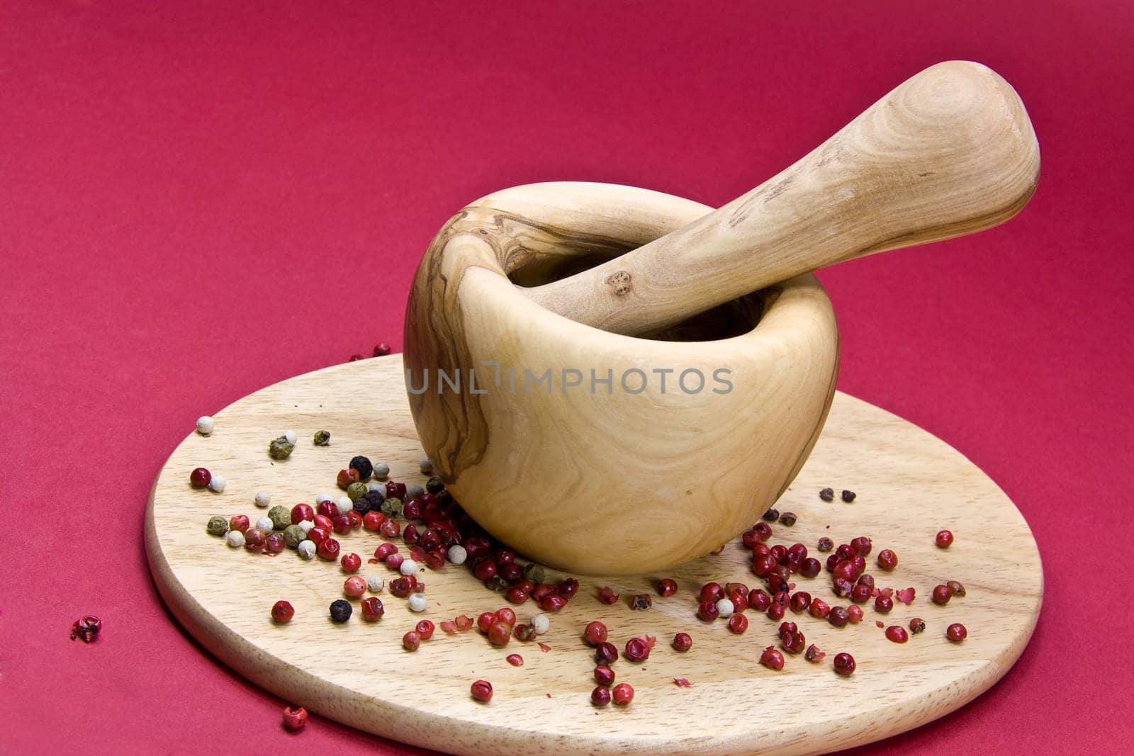 Colorful Peppercorns with Wooden Mortar