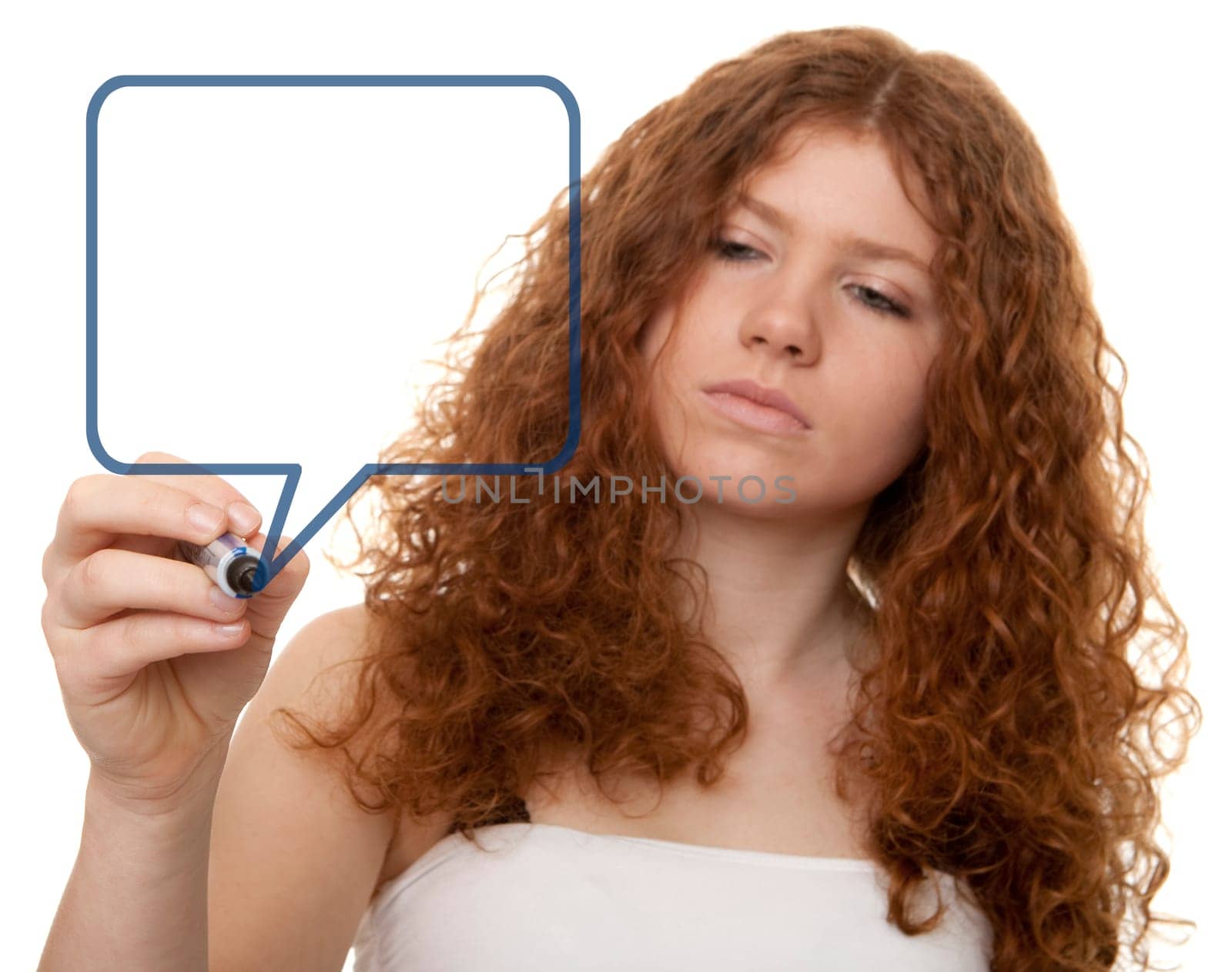 Teenager in front of glass wall with speech bubble