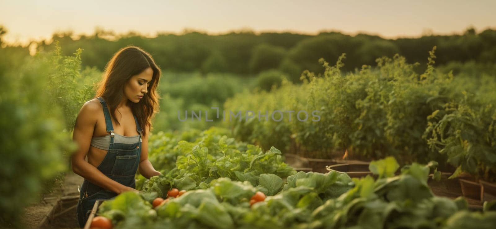 young adult woman farmer working in organic vegetable garden in the morning of sunny day generative ai art