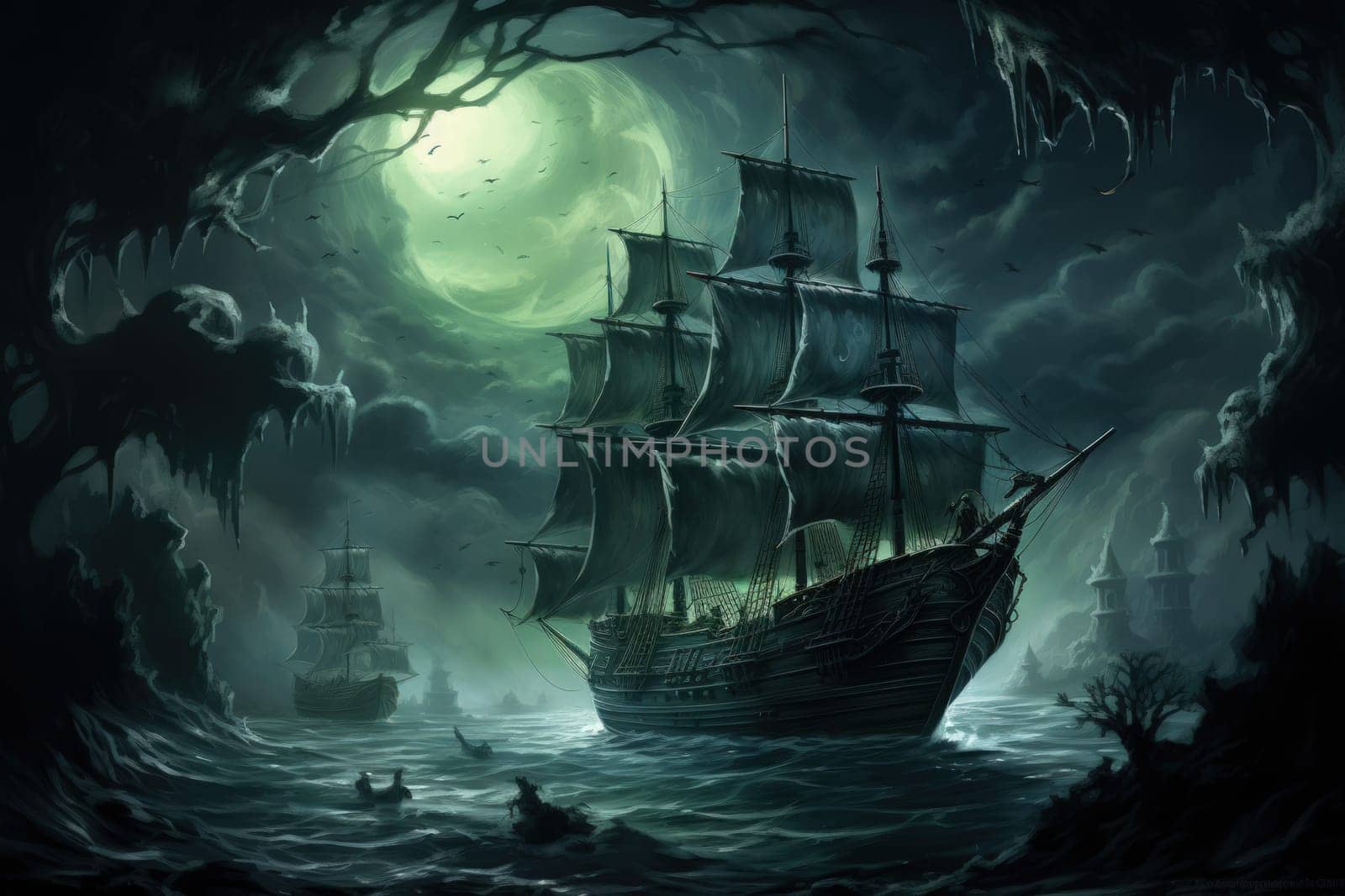 Embark on a haunting journey across the treacherous waters with this captivating illustration by a professional visual artist.