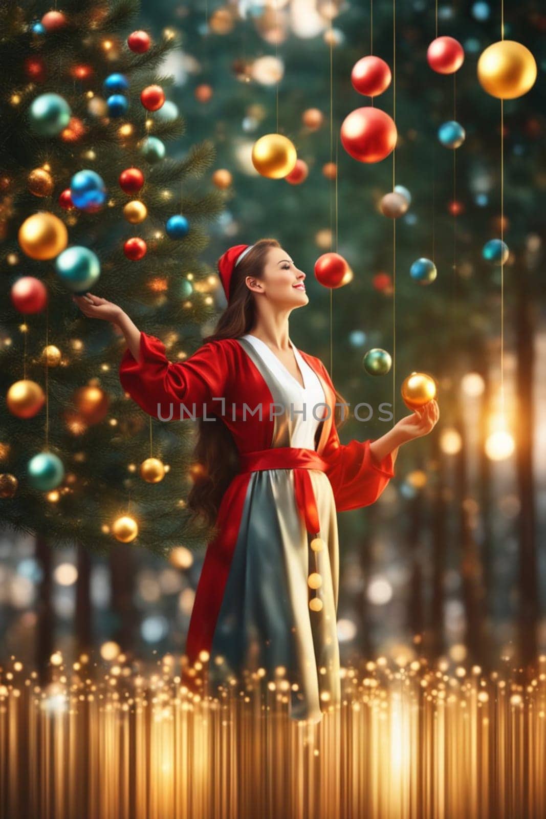 Female Santa Claus play and juggle with Christmas time ornaments outdoors in the snow at sunset generative ai art