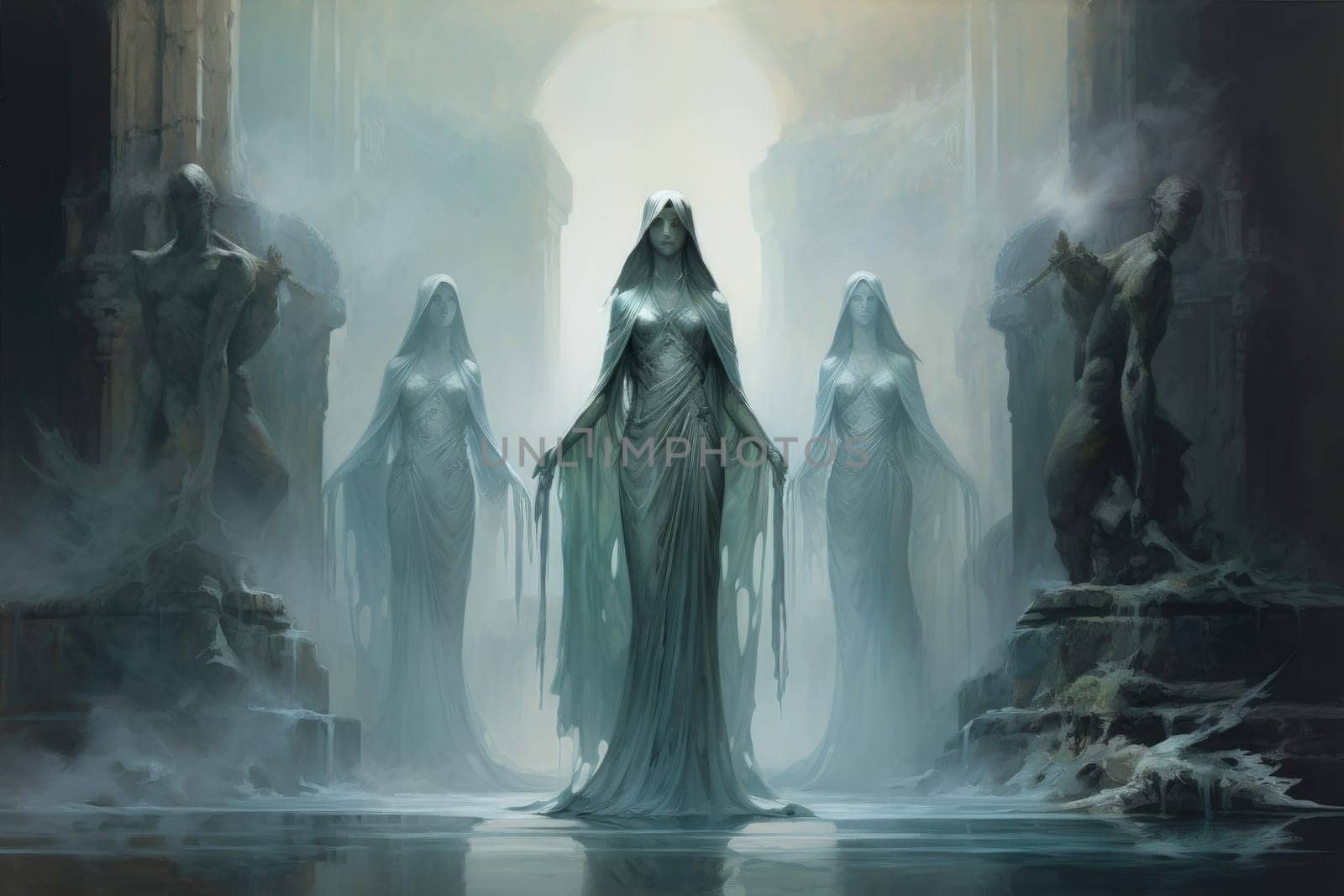 In the realm of fantasy, ethereal mist guardians watch over sacred sites, their presence veiled in a shroud of mist and mystery.