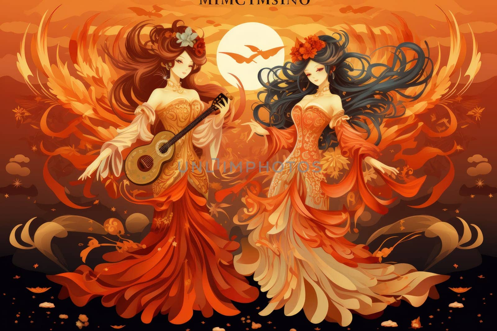 Within the realm of fantasy, elegant phoenix dancers grace the stage, their mesmerizing performances engulfed in flames.