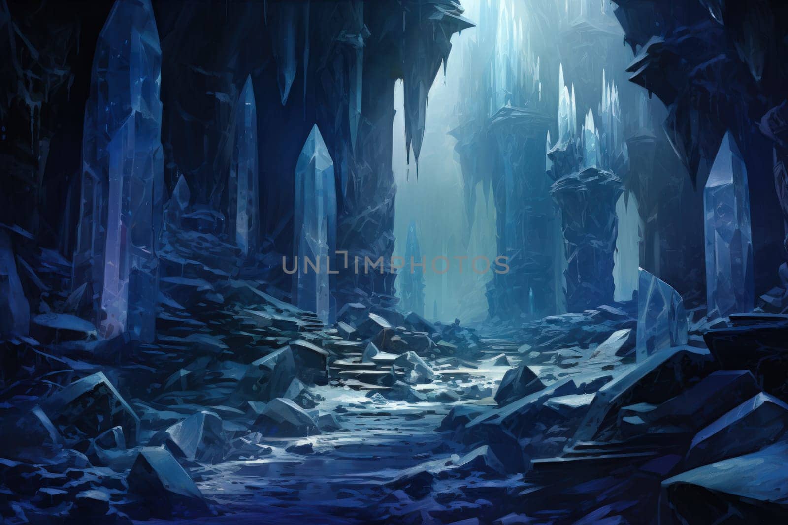 Deep within the realms of fantasy, mysterious icy caves hold untold treasures, guarded by glistening crystal golems.