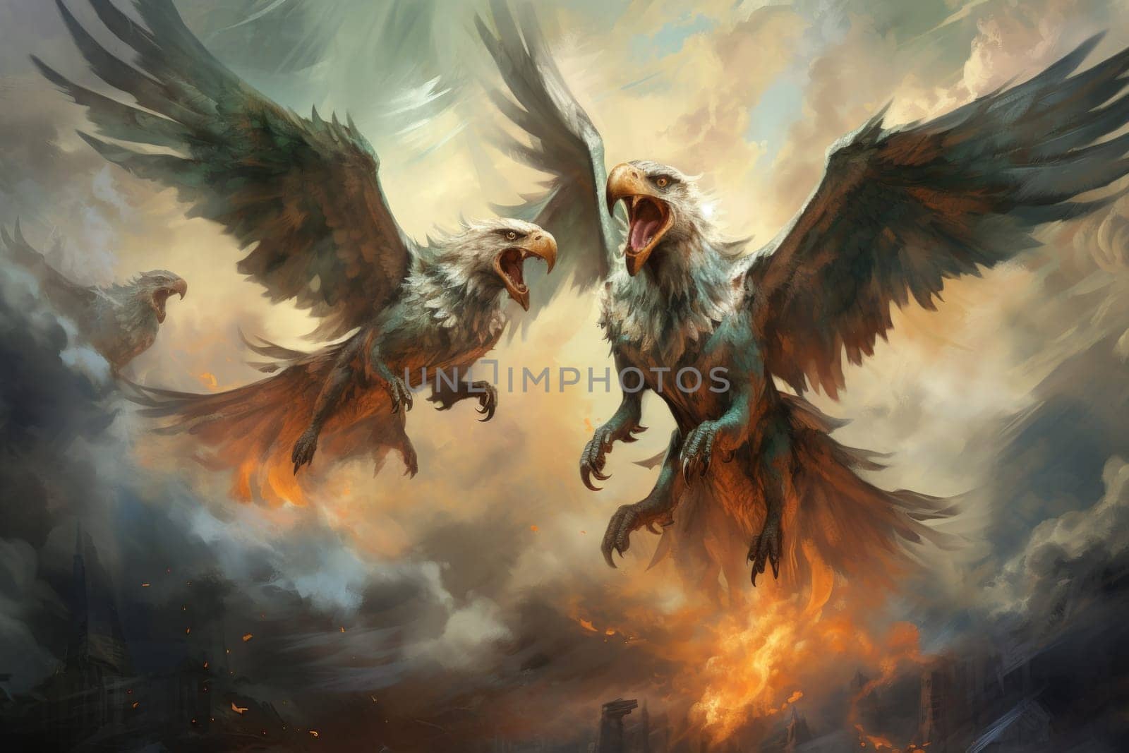 In the realm of fantasy, the skies are home to ferocious thunder hawks, majestic creatures that command the elements.